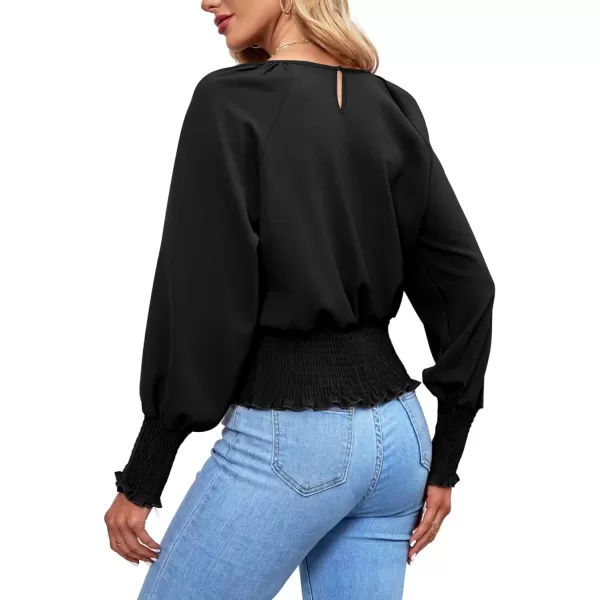 LYANER Women's Round Neck Frill Shirred Lantern Long Sleeve Blouse Office Shirt Top