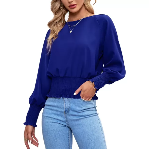 LYANER Women's Round Neck Frill Shirred Lantern Long Sleeve Blouse Office Shirt Top