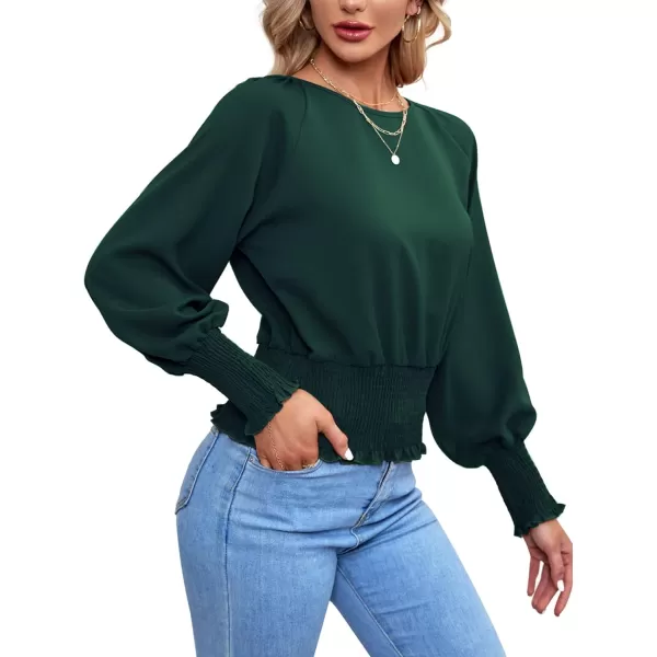 LYANER Women's Round Neck Frill Shirred Lantern Long Sleeve Blouse Office Shirt Top