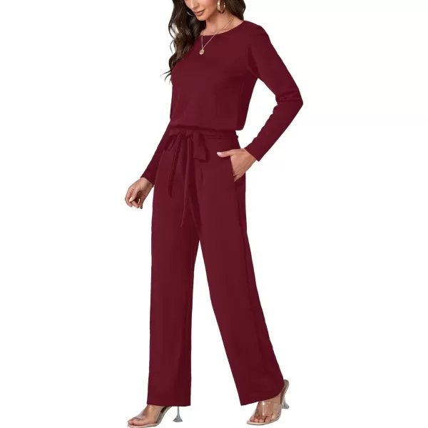 LYANER Women's Round Neck Long Sleeve Keyhole Back Waist Tie Romper Wide Leg Pant Jumpsuit with pockets