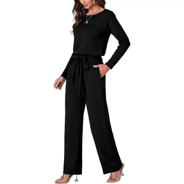 LYANER Women's Round Neck Long Sleeve Keyhole Back Waist Tie Romper Wide Leg Pant Jumpsuit with pockets