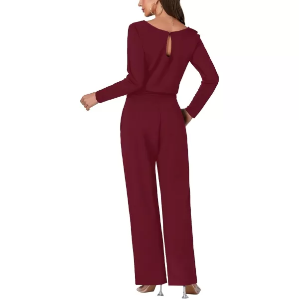 LYANER Women's Round Neck Long Sleeve Keyhole Back Waist Tie Romper Wide Leg Pant Jumpsuit with pockets