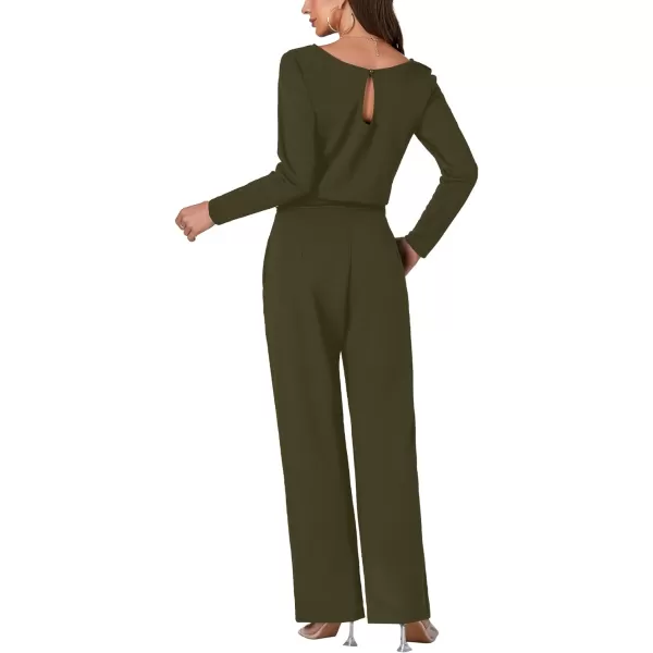 LYANER Women's Round Neck Long Sleeve Keyhole Back Waist Tie Romper Wide Leg Pant Jumpsuit with pockets