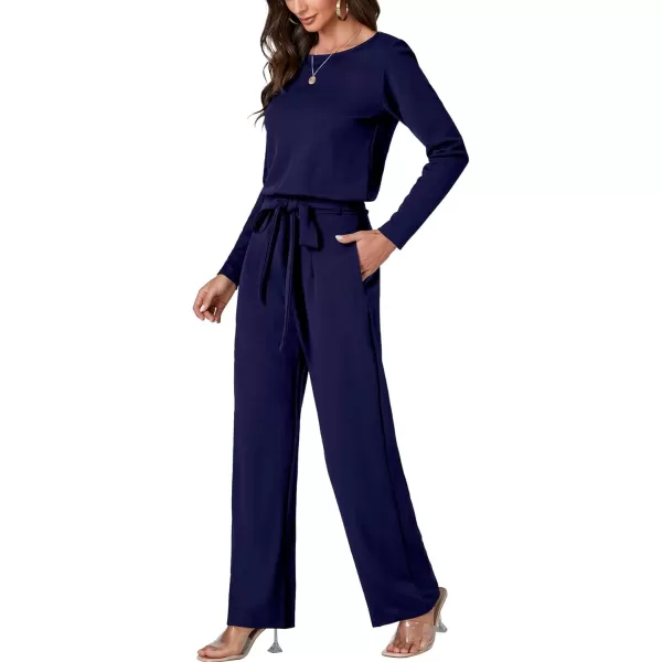 LYANER Women's Round Neck Long Sleeve Keyhole Back Waist Tie Romper Wide Leg Pant Jumpsuit with pockets