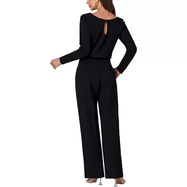 LYANER Women's Round Neck Long Sleeve Keyhole Back Waist Tie Romper Wide Leg Pant Jumpsuit with pockets