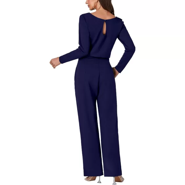 LYANER Women's Round Neck Long Sleeve Keyhole Back Waist Tie Romper Wide Leg Pant Jumpsuit with pockets