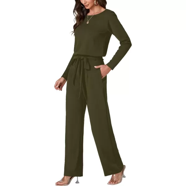 LYANER Women's Round Neck Long Sleeve Keyhole Back Waist Tie Romper Wide Leg Pant Jumpsuit with pockets