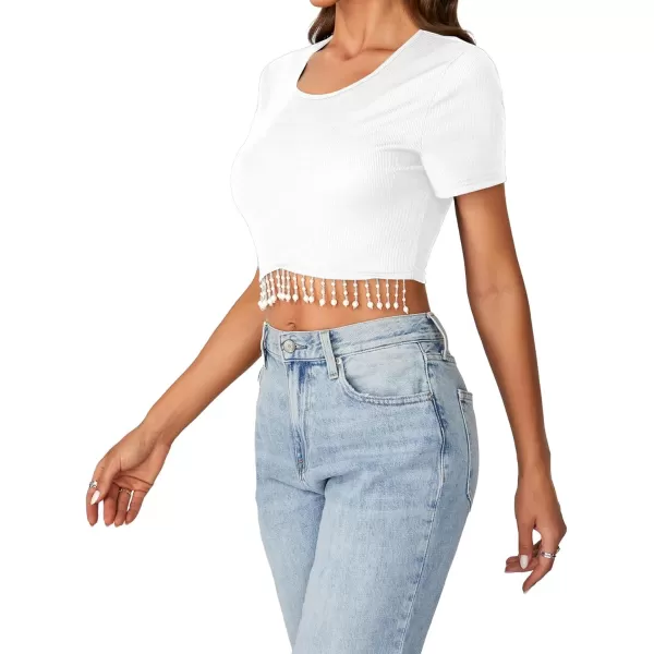 LYANER Women's Round Neck Short Sleeve Tassel Trim Hem Rib Crop Top Blouse
