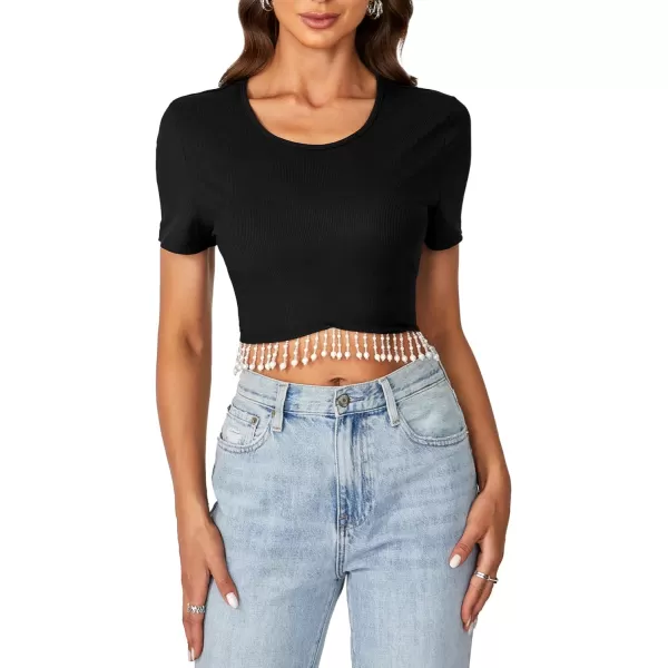 LYANER Women's Round Neck Short Sleeve Tassel Trim Hem Rib Crop Top Blouse