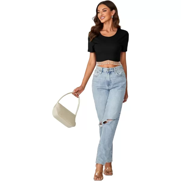 LYANER Women's Round Neck Short Sleeve Tassel Trim Hem Rib Crop Top Blouse