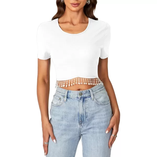 LYANER Women's Round Neck Short Sleeve Tassel Trim Hem Rib Crop Top Blouse