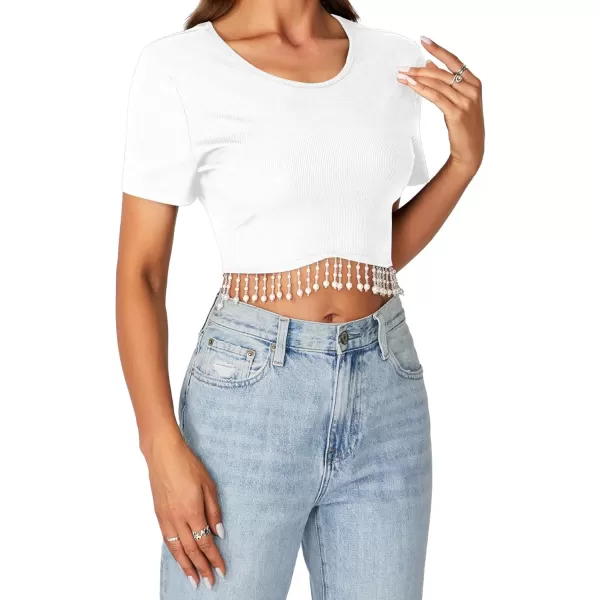 LYANER Women's Round Neck Short Sleeve Tassel Trim Hem Rib Crop Top Blouse