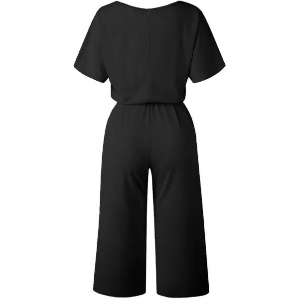 LYANER Women's Round Neck Short Sleeve Zipper Back Waist Tie Romper Wide Leg Pant Jumpsuit