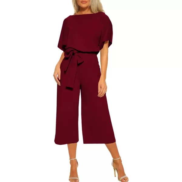 LYANER Women's Round Neck Short Sleeve Zipper Back Waist Tie Romper Wide Leg Pant Jumpsuit