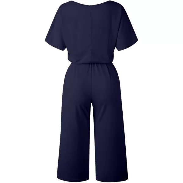 LYANER Women's Round Neck Short Sleeve Zipper Back Waist Tie Romper Wide Leg Pant Jumpsuit