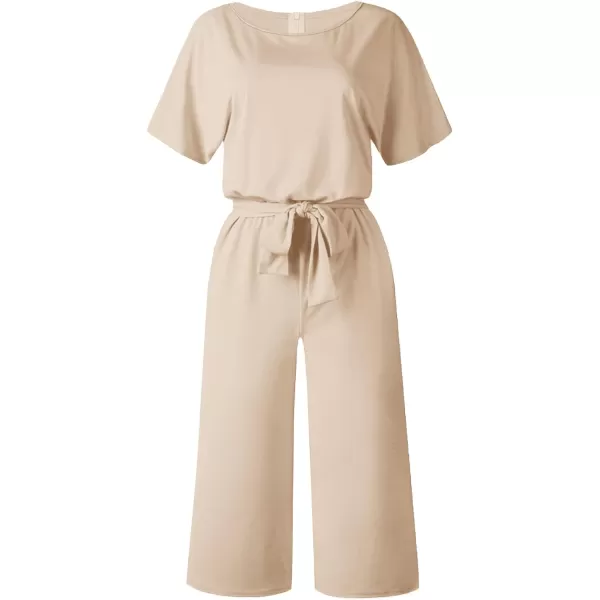 LYANER Women's Round Neck Short Sleeve Zipper Back Waist Tie Romper Wide Leg Pant Jumpsuit