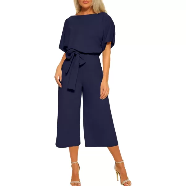 LYANER Women's Round Neck Short Sleeve Zipper Back Waist Tie Romper Wide Leg Pant Jumpsuit