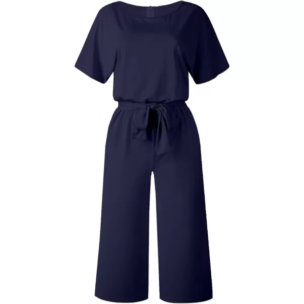 LYANER Women's Round Neck Short Sleeve Zipper Back Waist Tie Romper Wide Leg Pant Jumpsuit