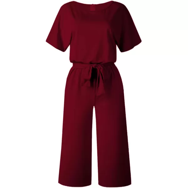 LYANER Women's Round Neck Short Sleeve Zipper Back Waist Tie Romper Wide Leg Pant Jumpsuit