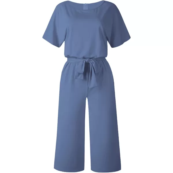 LYANER Women's Round Neck Short Sleeve Zipper Back Waist Tie Romper Wide Leg Pant Jumpsuit