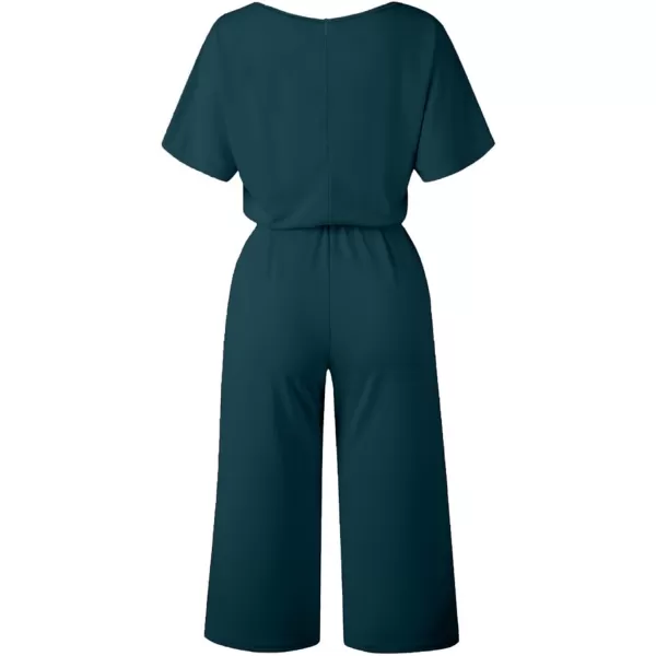 LYANER Women's Round Neck Short Sleeve Zipper Back Waist Tie Romper Wide Leg Pant Jumpsuit