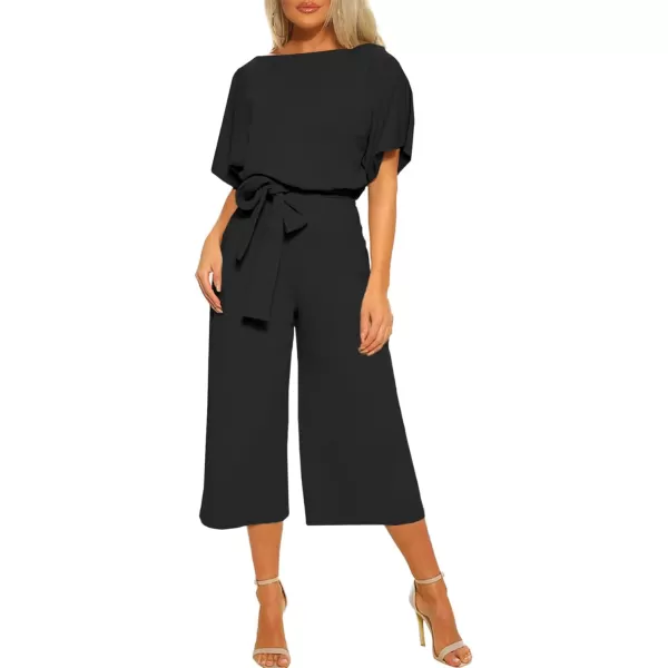 LYANER Women's Round Neck Short Sleeve Zipper Back Waist Tie Romper Wide Leg Pant Jumpsuit