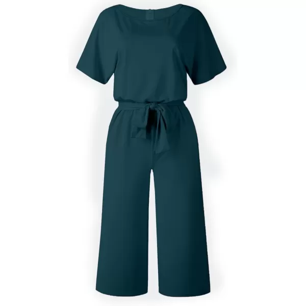 LYANER Women's Round Neck Short Sleeve Zipper Back Waist Tie Romper Wide Leg Pant Jumpsuit