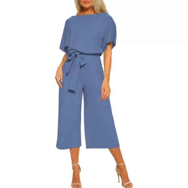LYANER Women's Round Neck Short Sleeve Zipper Back Waist Tie Romper Wide Leg Pant Jumpsuit