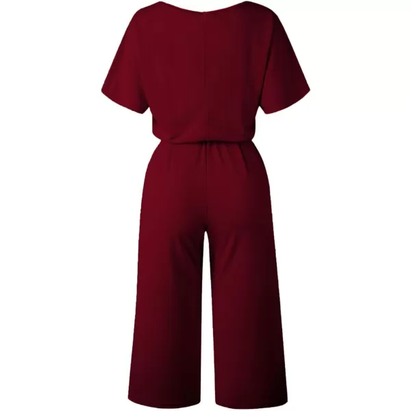 LYANER Women's Round Neck Short Sleeve Zipper Back Waist Tie Romper Wide Leg Pant Jumpsuit