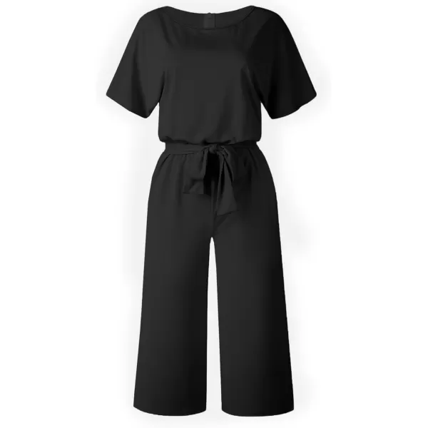 LYANER Women's Round Neck Short Sleeve Zipper Back Waist Tie Romper Wide Leg Pant Jumpsuit
