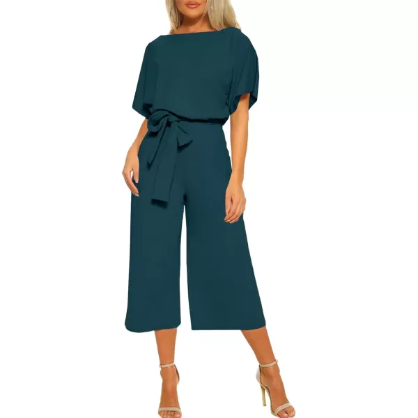 LYANER Women's Round Neck Short Sleeve Zipper Back Waist Tie Romper Wide Leg Pant Jumpsuit