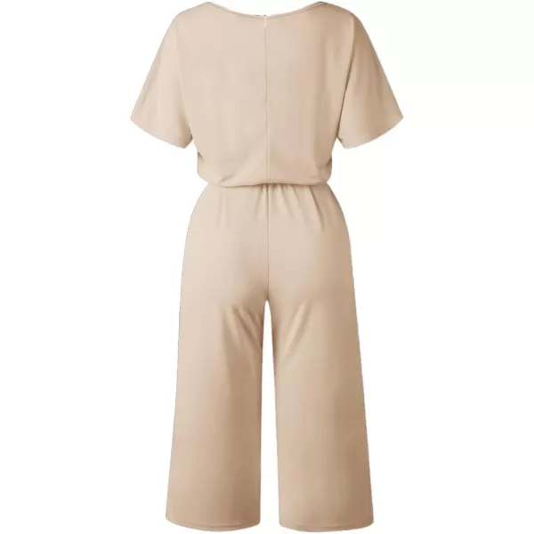 LYANER Women's Round Neck Short Sleeve Zipper Back Waist Tie Romper Wide Leg Pant Jumpsuit