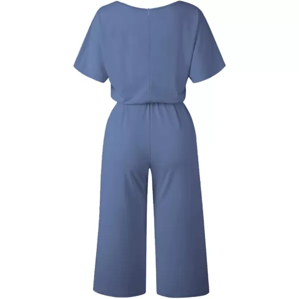 LYANER Women's Round Neck Short Sleeve Zipper Back Waist Tie Romper Wide Leg Pant Jumpsuit