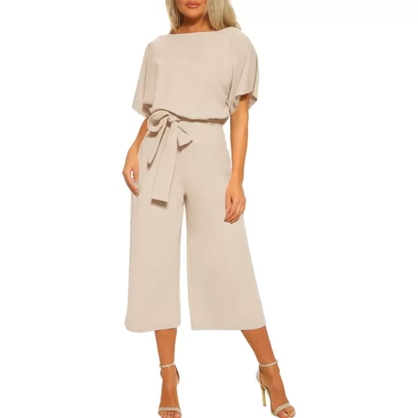 LYANER Women's Round Neck Short Sleeve Zipper Back Waist Tie Romper Wide Leg Pant Jumpsuit
