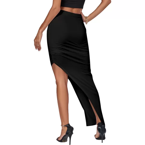 LYANER Women's Ruched High Wasit Stretchy Split Slit Hem Bodycon Maxi Long Skirt