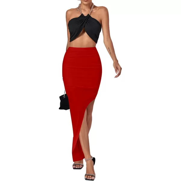 LYANER Women's Ruched High Wasit Stretchy Split Slit Hem Bodycon Maxi Long Skirt