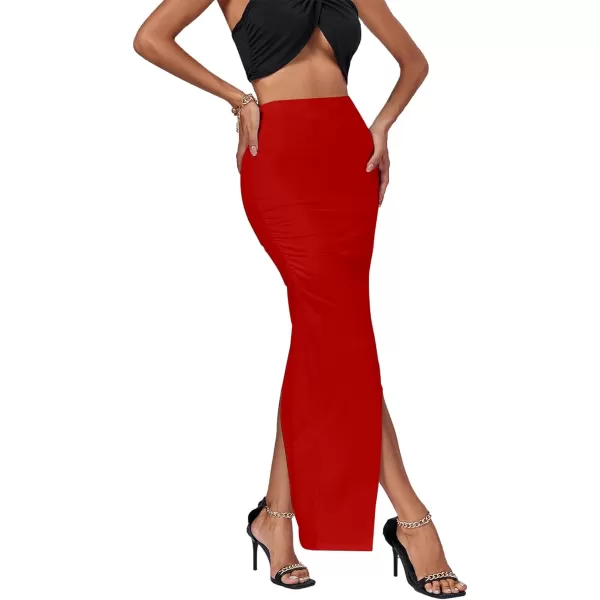 LYANER Women's Ruched High Wasit Stretchy Split Slit Hem Bodycon Maxi Long Skirt