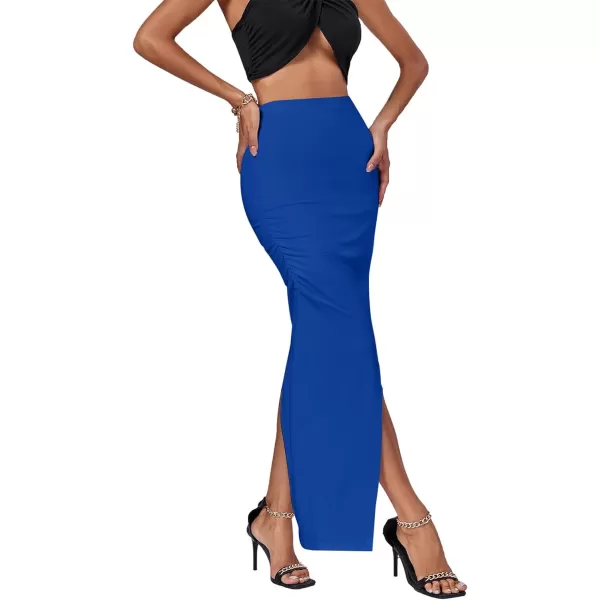 LYANER Women's Ruched High Wasit Stretchy Split Slit Hem Bodycon Maxi Long Skirt