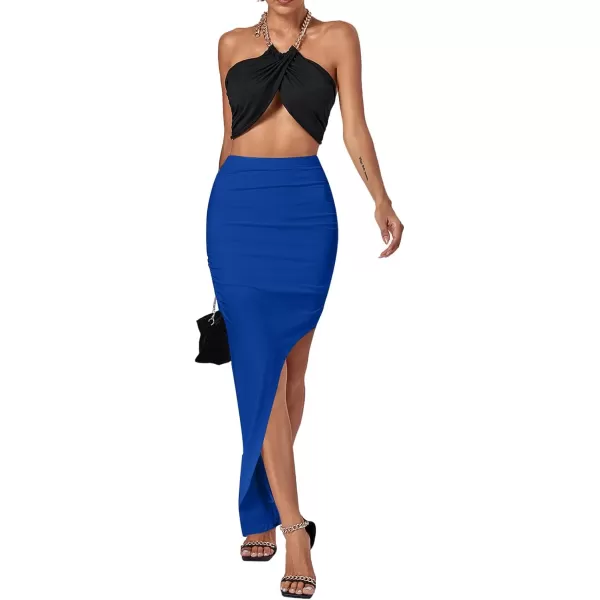 LYANER Women's Ruched High Wasit Stretchy Split Slit Hem Bodycon Maxi Long Skirt