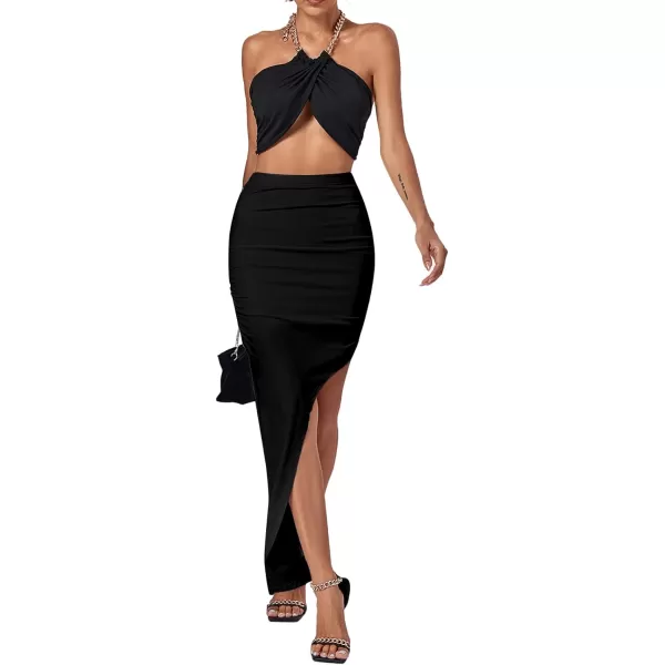 LYANER Women's Ruched High Wasit Stretchy Split Slit Hem Bodycon Maxi Long Skirt