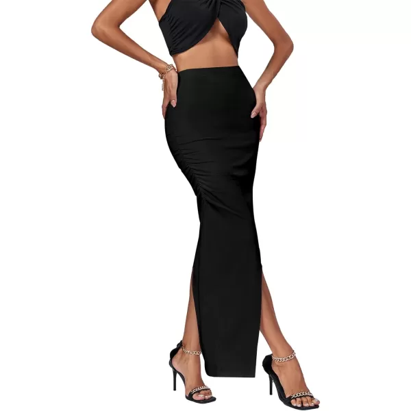 LYANER Women's Ruched High Wasit Stretchy Split Slit Hem Bodycon Maxi Long Skirt
