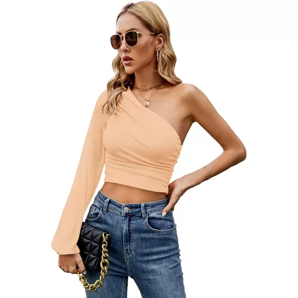 LYANER Women's Ruched One Shoulder Lantern Long Sleeve Crop Blouse Shirt Top