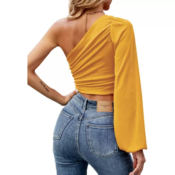 LYANER Women's Ruched One Shoulder Lantern Long Sleeve Crop Blouse Shirt Top