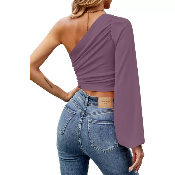 LYANER Women's Ruched One Shoulder Lantern Long Sleeve Crop Blouse Shirt Top