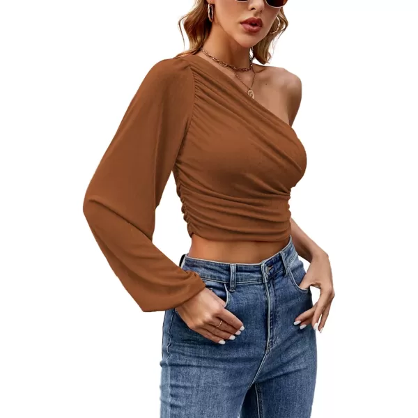 LYANER Women's Ruched One Shoulder Lantern Long Sleeve Crop Blouse Shirt Top