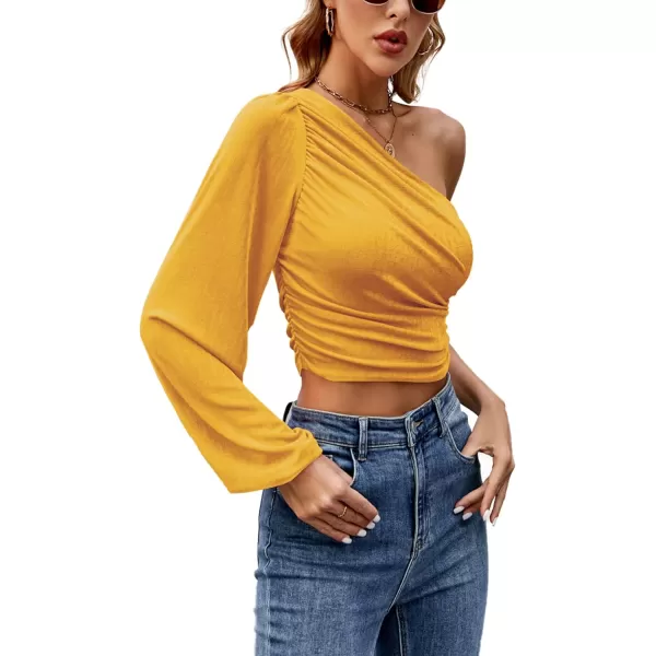 LYANER Women's Ruched One Shoulder Lantern Long Sleeve Crop Blouse Shirt Top