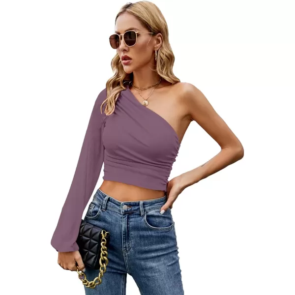 LYANER Women's Ruched One Shoulder Lantern Long Sleeve Crop Blouse Shirt Top
