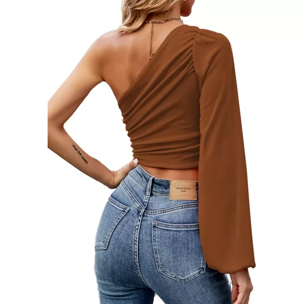 LYANER Women's Ruched One Shoulder Lantern Long Sleeve Crop Blouse Shirt Top