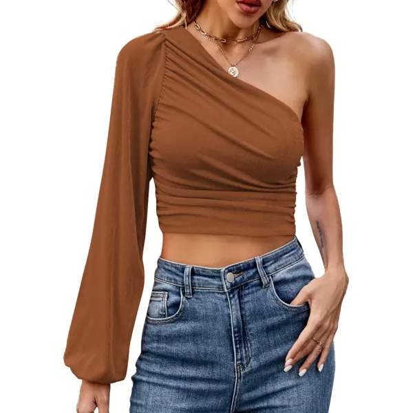 LYANER Women's Ruched One Shoulder Lantern Long Sleeve Crop Blouse Shirt Top