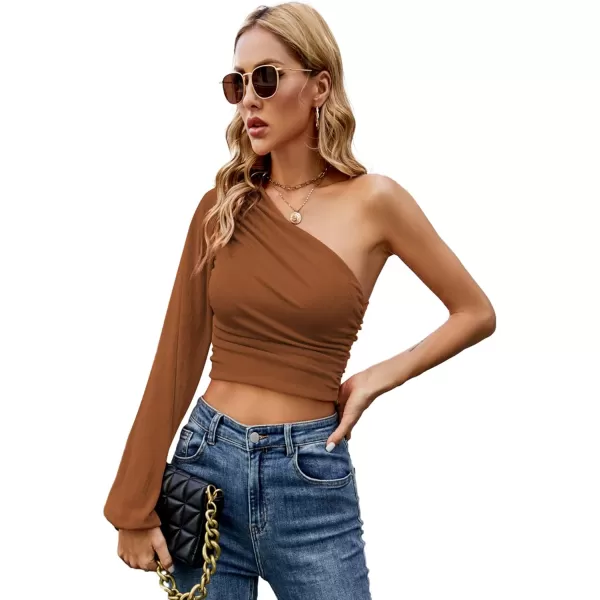 LYANER Women's Ruched One Shoulder Lantern Long Sleeve Crop Blouse Shirt Top